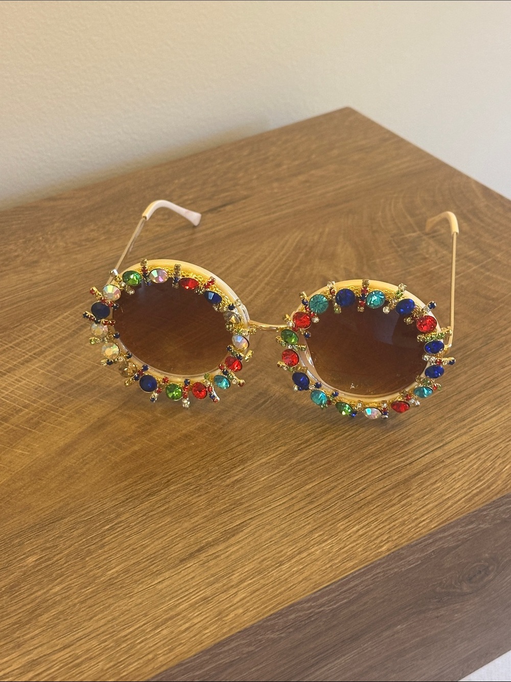 Round Gold Sunglasses with Multicolor Gem Accents